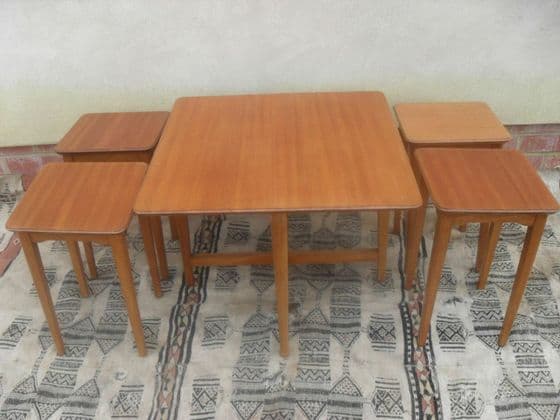 Teak Nest of 5 Tables, One Large and Four The Same Size
